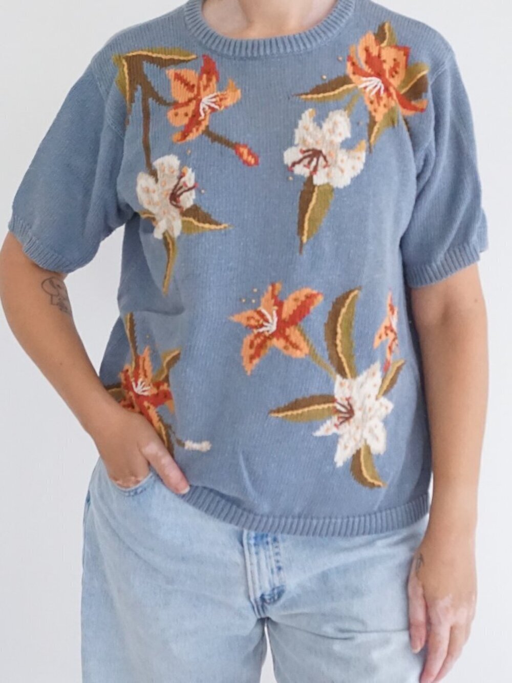 Vintage Alfred Dunner Blue Floral Knit Cottagecore Cotton Blend Sweater M